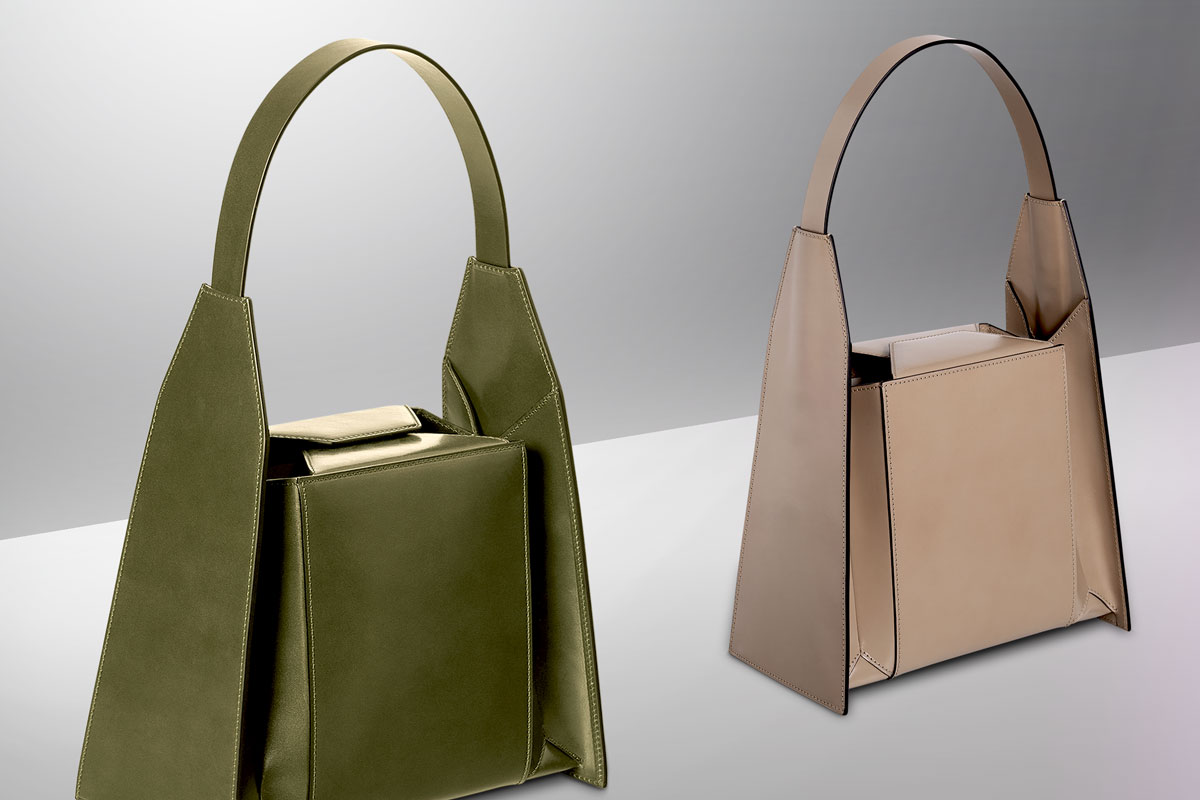 Merryl Tielman, Angelo bag: a small tote with an adjustable strap. Made in Italy, vegetable tanned cow leather, colours olive and straw.