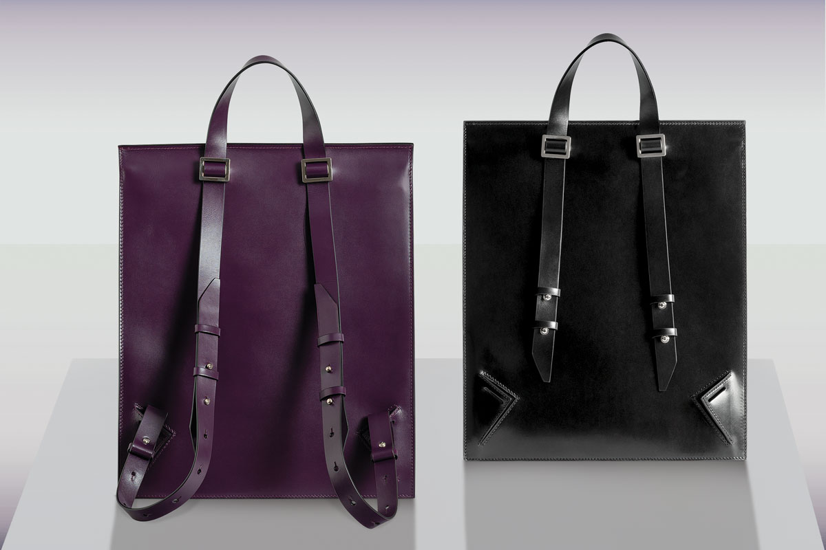 Merryl Tielman, Claudie bag: a convertible backpack/tote with adjustable/removable back straps and handles. Made in Italy, vegetable tanned cow leather, colours purple and black.