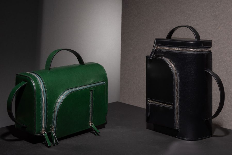 Merryl Tielman, Fabiola bag: a versatile asymmetrical hand/shoulder bag, that can be worn both vertically and horizontally. Made in Italy, vegetable tanned cow leather, colours dark green and black.
