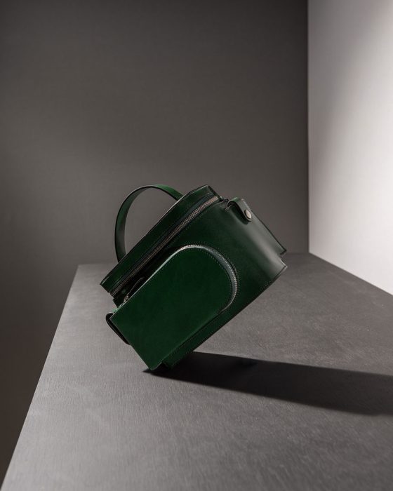 Merryl Tielman, Esther bag: a compact bag, to be to worn over the shoulder or crossbody, or carried by hand for a vanity style look. Made in Italy, vegetable tanned cow leather, colour dark green.