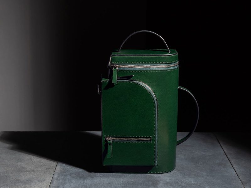 Merryl Tielman, Fabiola bag: a versatile asymmetrical hand/shoulder bag, that can be worn both vertically and horizontally. Made in Italy, vegetable tanned cow leather, colour dark green.